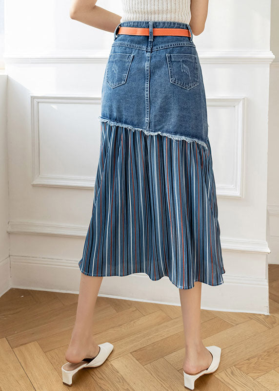 Modern Blue High Waist Sashes Asymmetrical Patchwork Cotton Denim Skirts Summer - Skirts - DINIBLO 