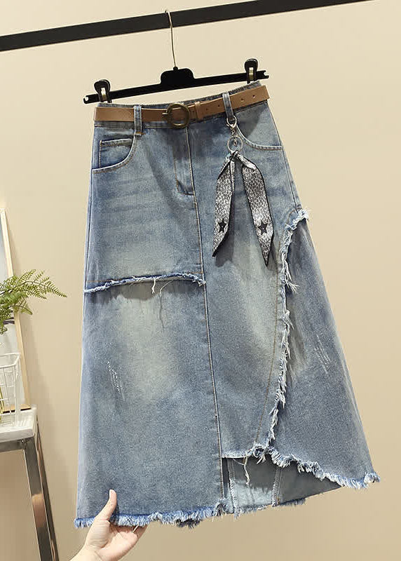 Modern Light Blue High Waist Asymmetrical Sashes Pendant Pockets Cotton Denim Skirt Summer - Skirts - DINIBLO 