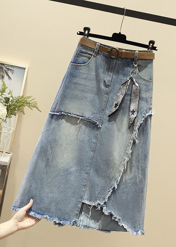 Modern Light Blue High Waist Asymmetrical Sashes Pendant Pockets Cotton Denim Skirt Summer - Skirts - DINIBLO 