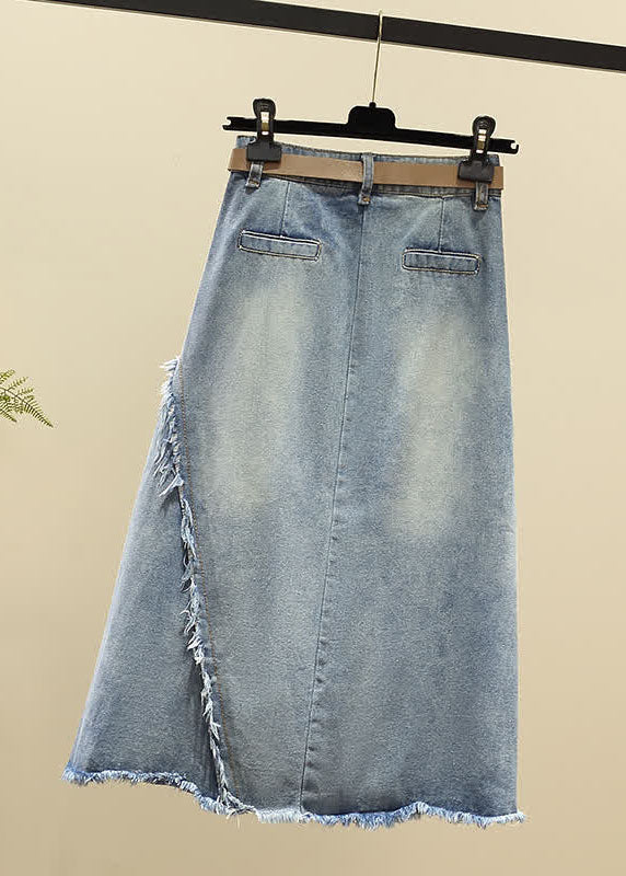 Modern Light Blue High Waist Asymmetrical Sashes Pendant Pockets Cotton Denim Skirt Summer - Skirts - DINIBLO 