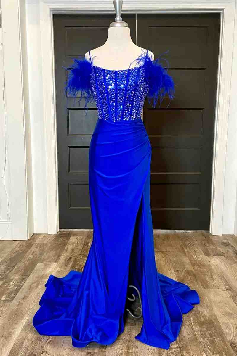 New Mermaid Satin Off The Shoulder Beaded Side Slit Long Prom Dresses With Feather - Prom Dresses - DINIBLO 