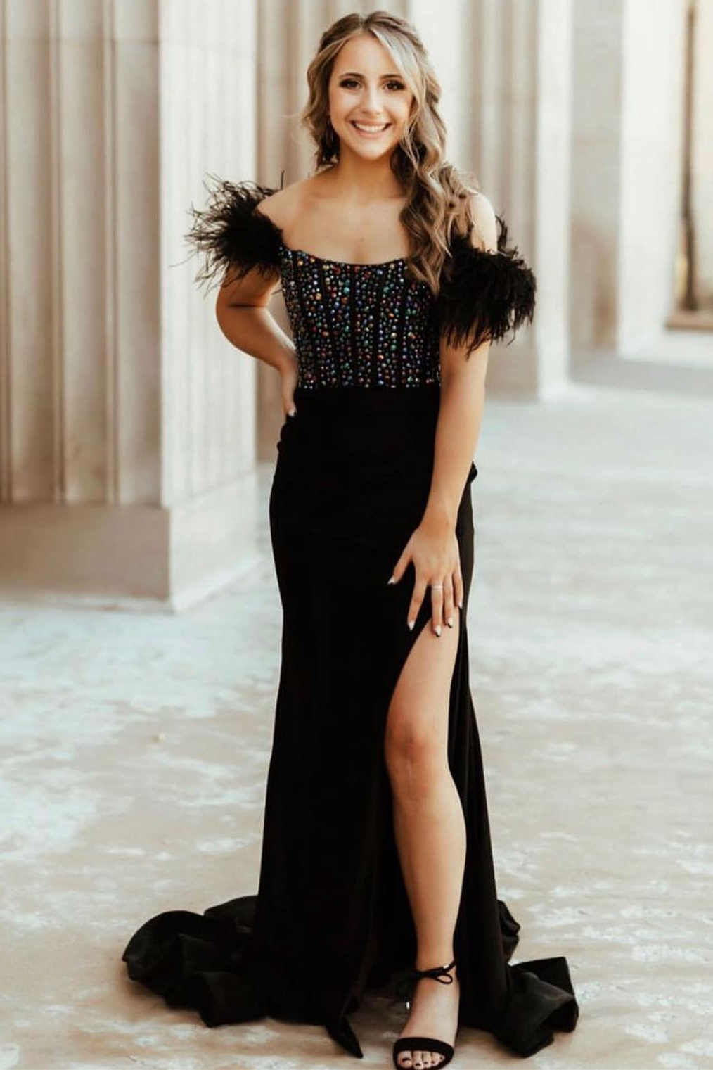 New Mermaid Satin Off The Shoulder Beaded Side Slit Long Prom Dresses With Feather - Prom Dresses - DINIBLO 