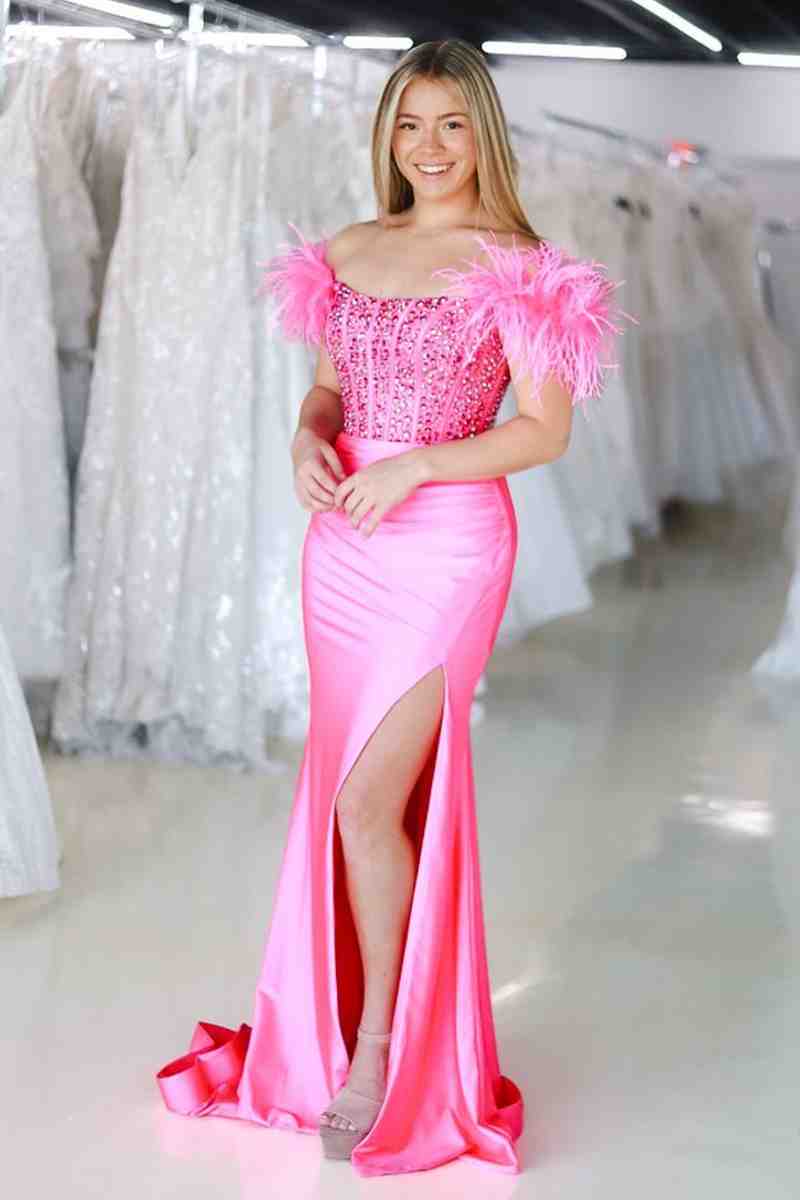 New Mermaid Satin Off The Shoulder Beaded Side Slit Long Prom Dresses With Feather - Prom Dresses - DINIBLO 