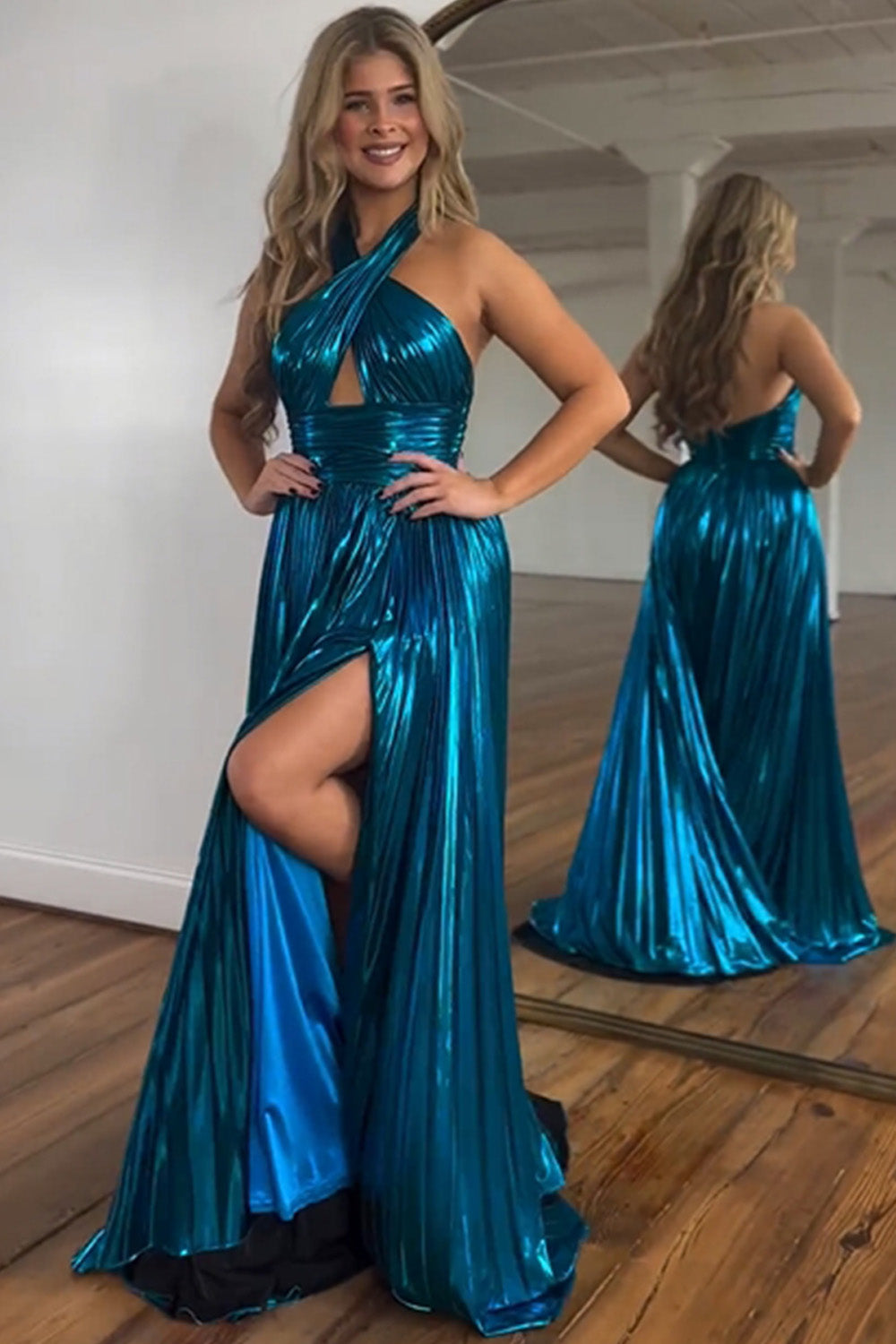 Peacock Blue Halter Neck A-Line Long Prom Dress With Split - Prom Dress - DINIBLO 