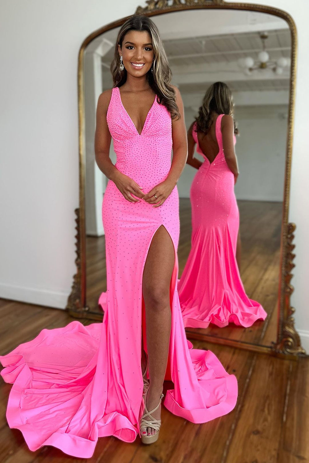 Sparkly Pink Mermaid V-Neck Sweep Train Beaded Prom Dress With Split - Prom Dress - DINIBLO 