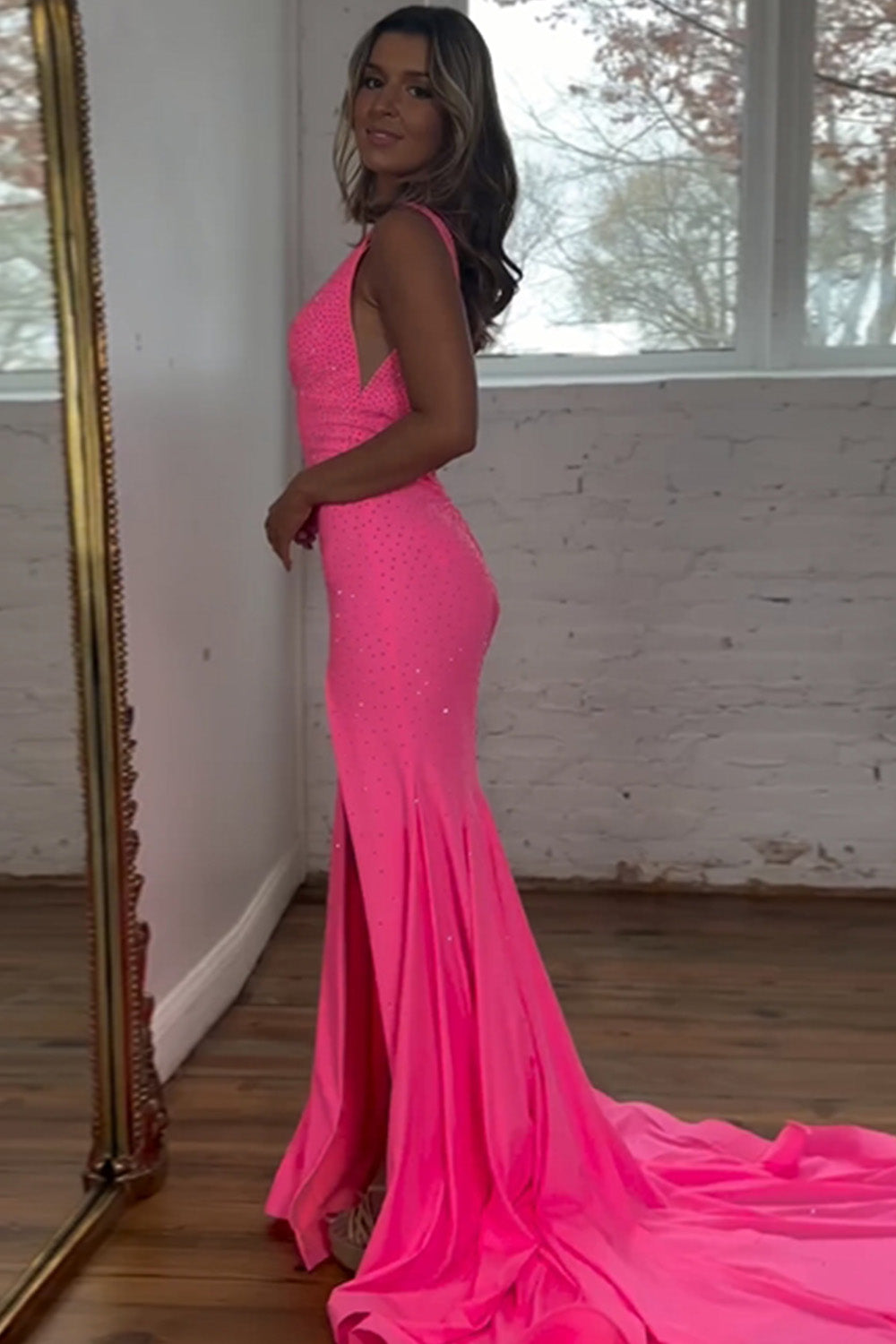 Sparkly Pink Mermaid V-Neck Sweep Train Beaded Prom Dress With Split - Prom Dress - DINIBLO 