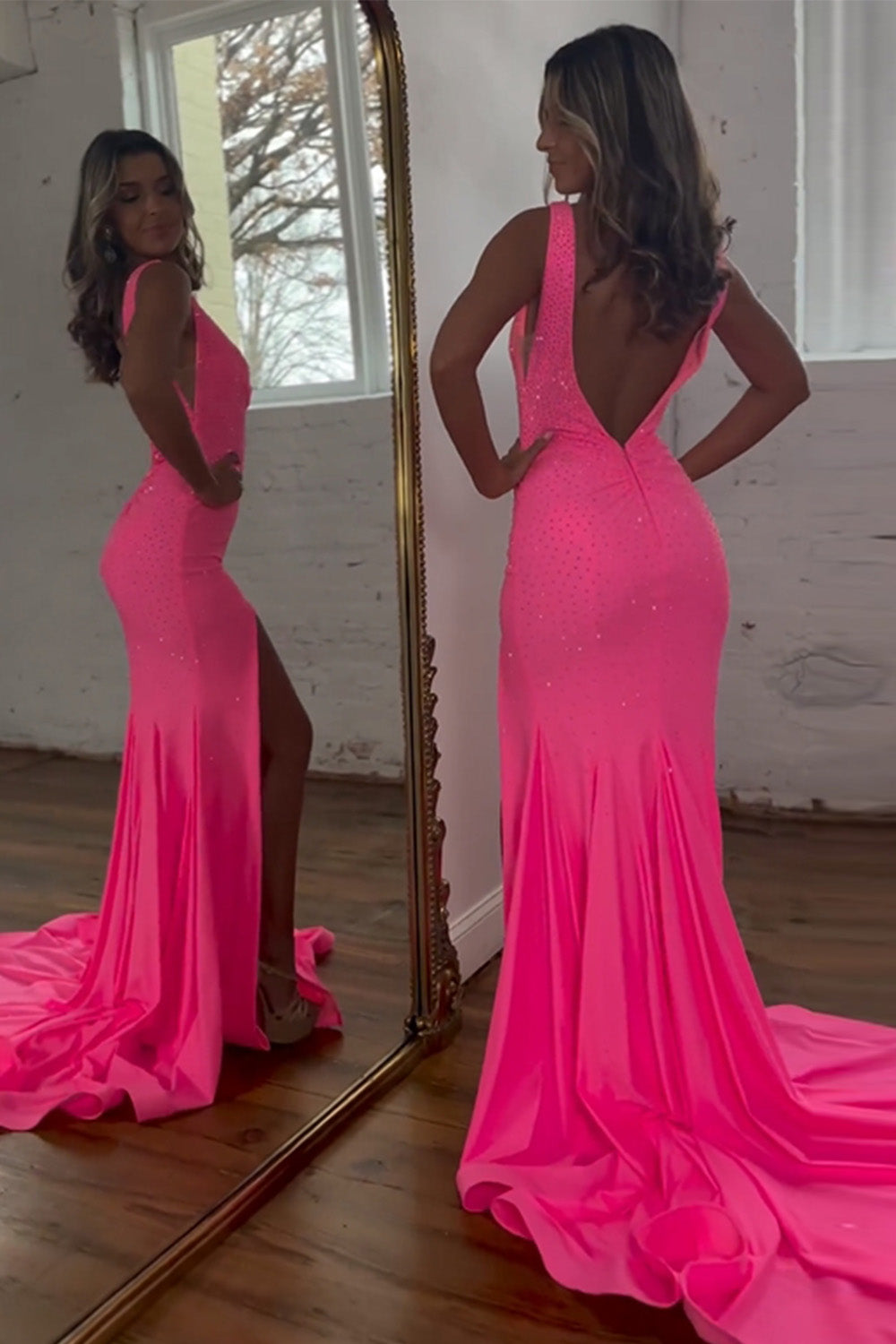 Sparkly Pink Mermaid V-Neck Sweep Train Beaded Prom Dress With Split - Prom Dress - DINIBLO 