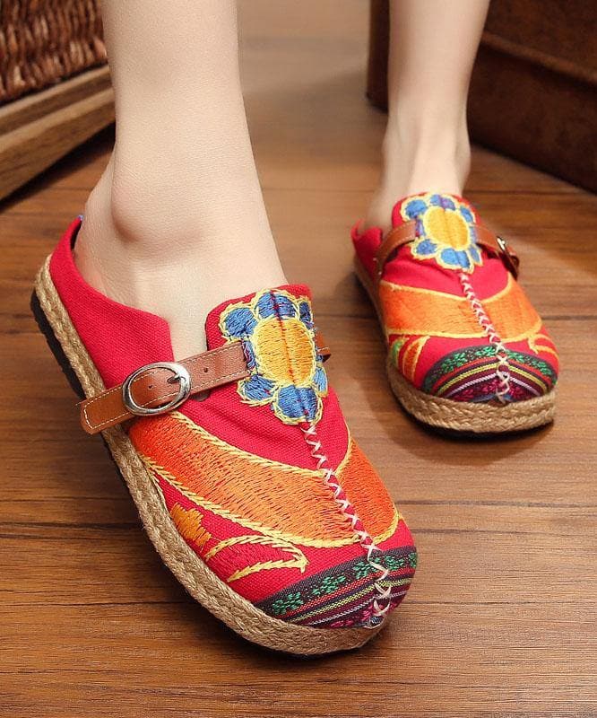 Red Cotton Linen Embroideried Fabric Vintage Buckle Strap Thong Sandals - Slide Sandals - DINIBLO 