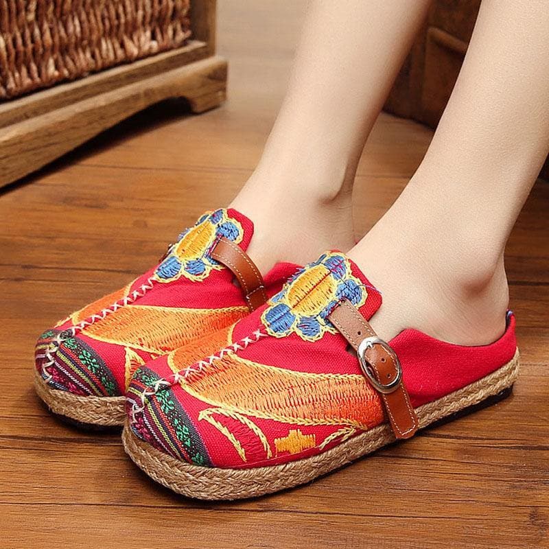 Red Cotton Linen Embroideried Fabric Vintage Buckle Strap Thong Sandals - Slide Sandals - DINIBLO 