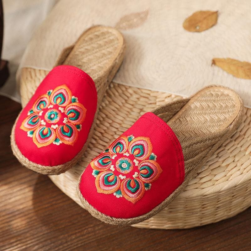 Red Embroideried Cotton Linen Fabric Slippers Shoes - Slide Sandals - DINIBLO 