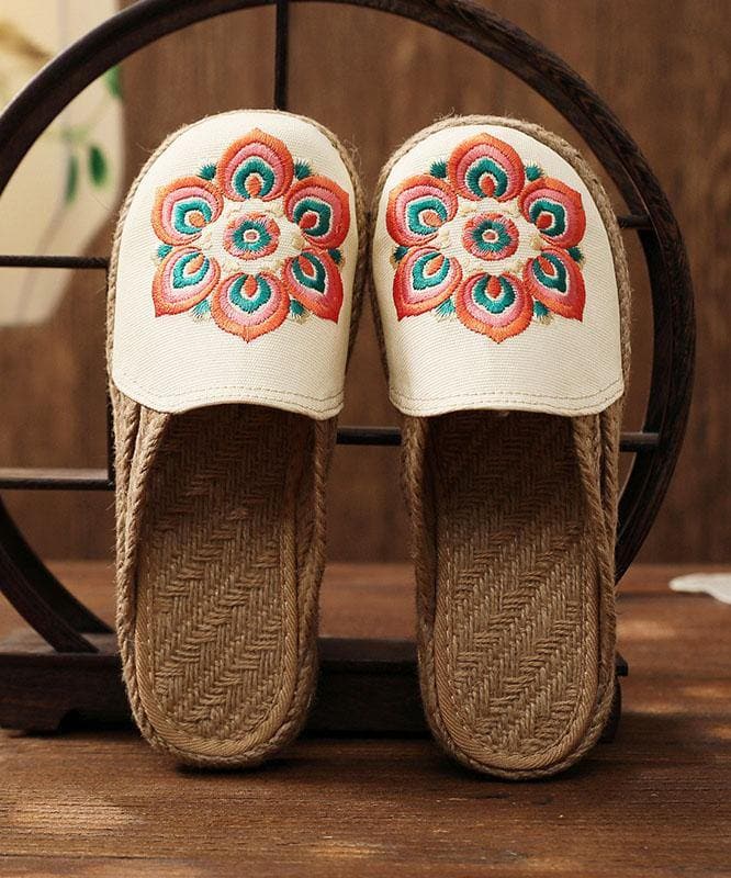 Red Embroideried Cotton Linen Fabric Slippers Shoes - Slide Sandals - DINIBLO 