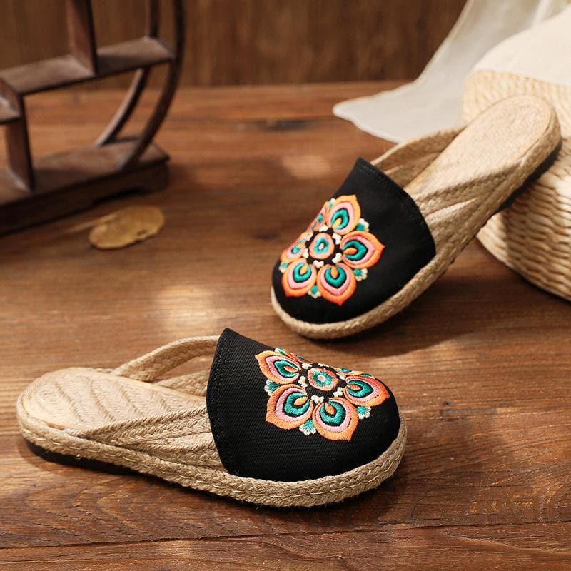 Red Embroideried Cotton Linen Fabric Slippers Shoes - Slide Sandals - DINIBLO 