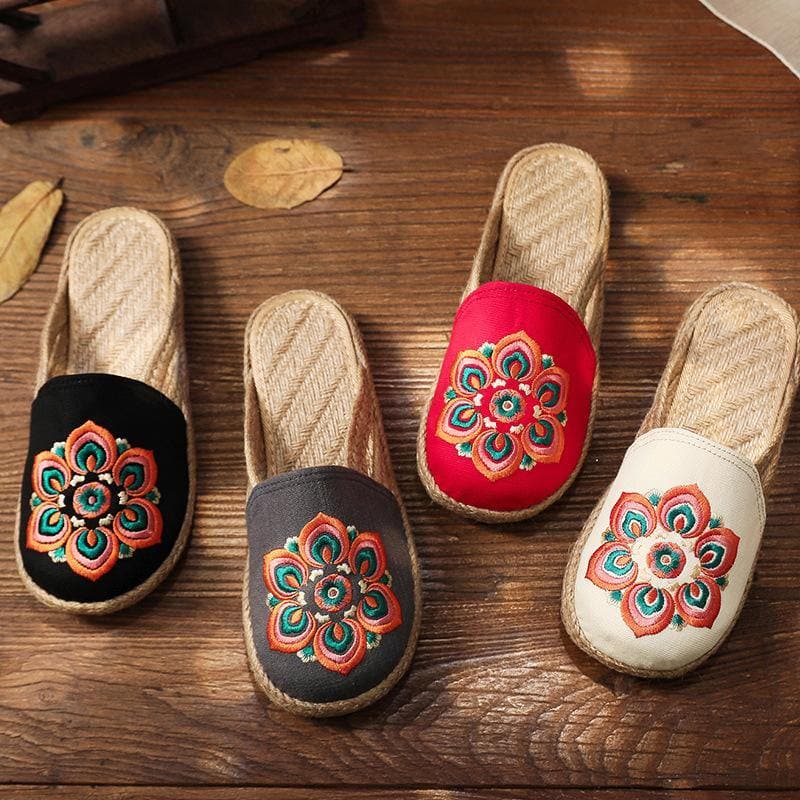 Red Embroideried Cotton Linen Fabric Slippers Shoes - Slide Sandals - DINIBLO 