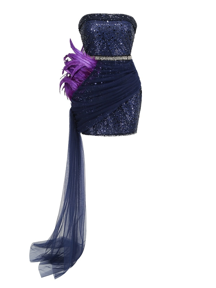 Navy Blue Sequin Feather Cocktail Dress - Dresses - DINIBLO 