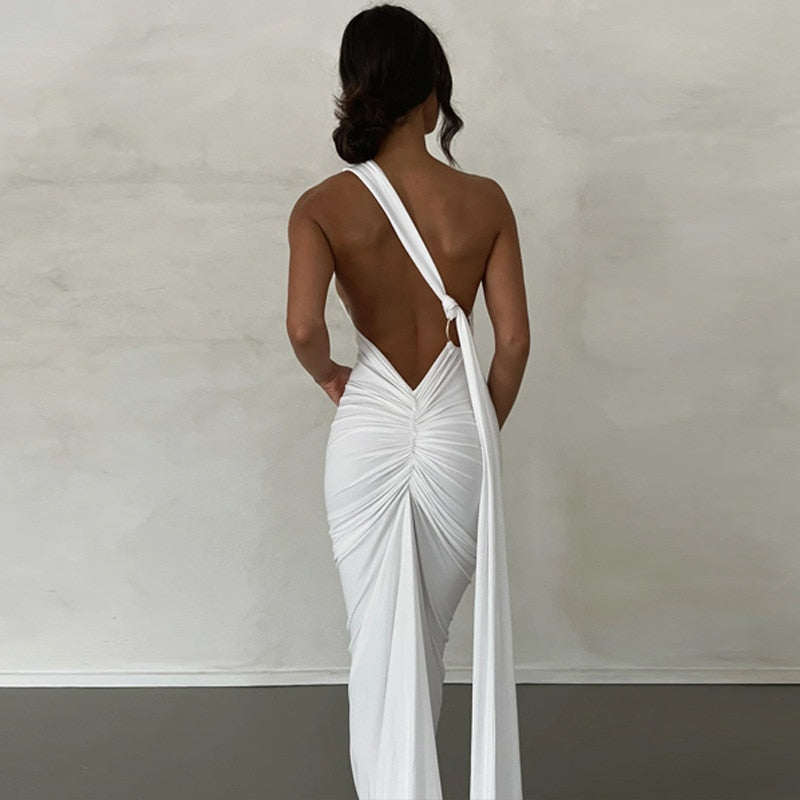 Draped Maxi Dress with Asymmetrical Neckline -  - DINIBLO 