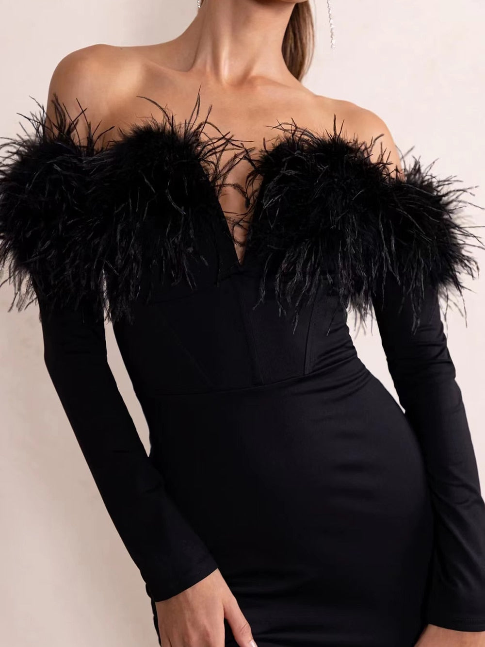 Off Shoulder Feather Mini Dress - Dresses - DINIBLO 