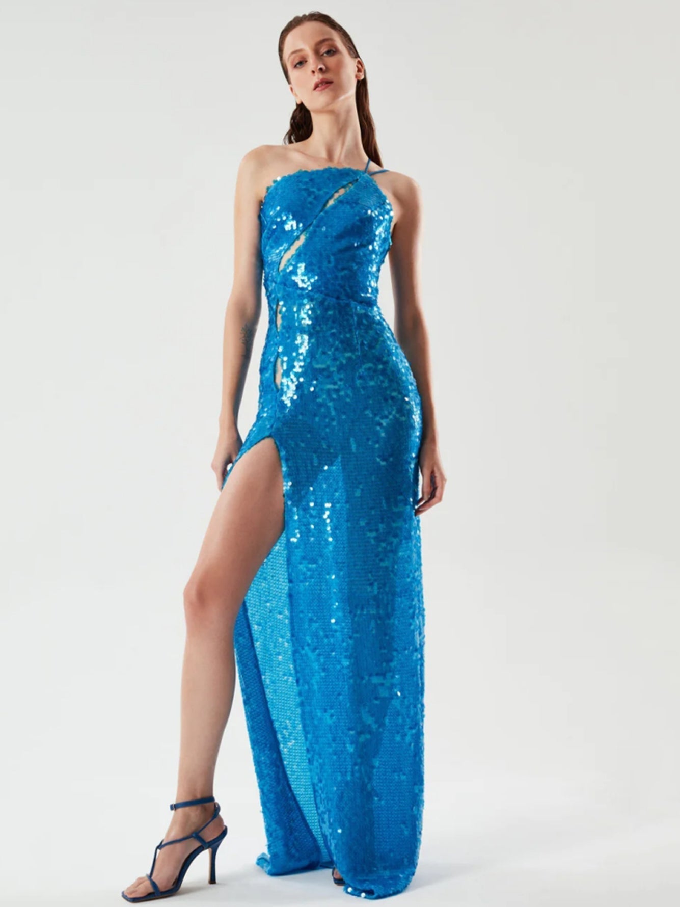 Blue Sequin High Split Gown - Dresses - DINIBLO 