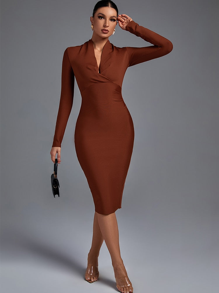 Draped Tan Bandage Dress - Dresses - DINIBLO 