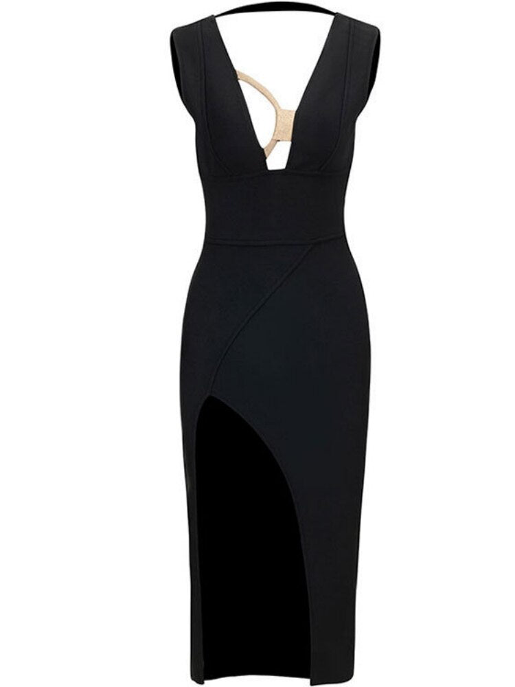 Black Slit Midi Dress with Deep Neckline -  - DINIBLO 