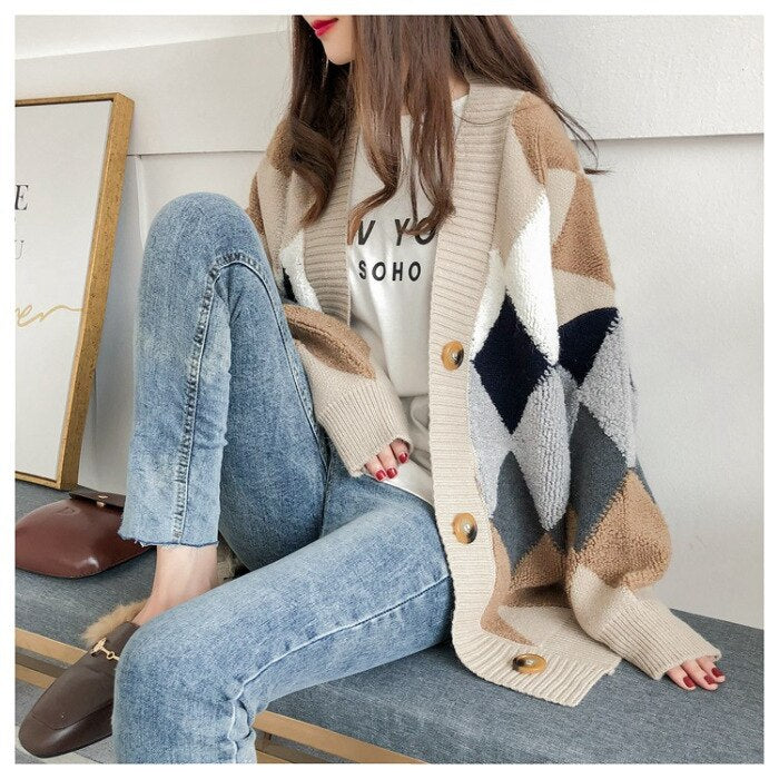 Luxury Cardigans Plaid Loose Button Puff Sleeve Knitted Cardigan Female Warm Y2K Tops Sweaters S-XL Long Cardigans Women 2023 -  - DINIBLO 