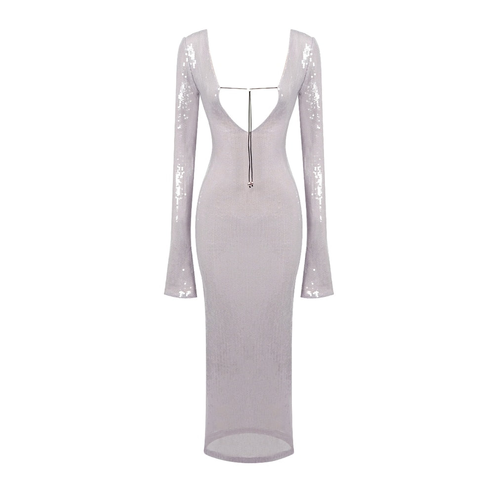 Sequined Lavender Maxi Dress with Open Back -  - DINIBLO 