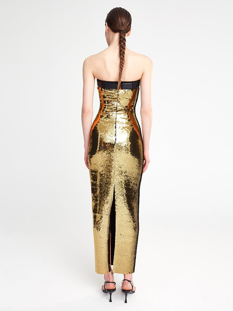 Gold Sequin Strapless Slip Dress - Dresses - DINIBLO 