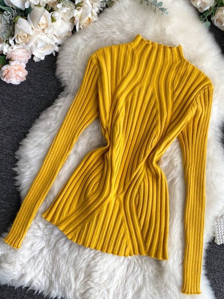 Semi-turtleneck Knitted Bottoming Shirt Long Sleeve Shirt Autumn Winter New Tight Pit Sweater Pullover for Women Sweater Women -  - DINIBLO 