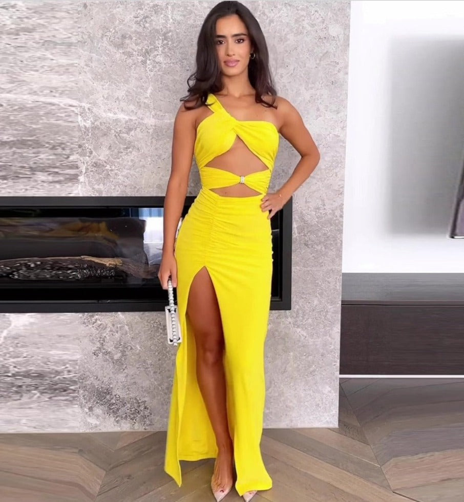 Yellow One-Shoulder Maxi Dress with Cutouts -  - DINIBLO 