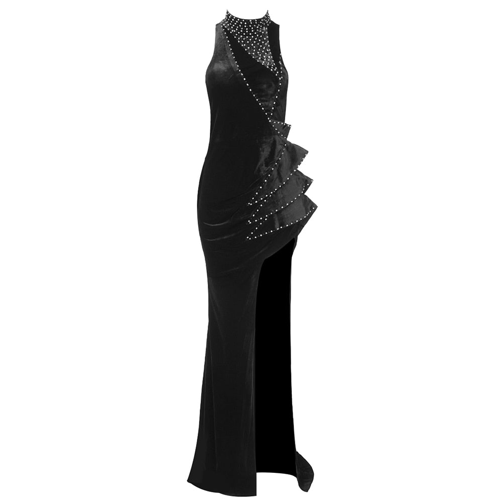 Luxury Beaded Black Velvet Maxi Gown - Dresses - DINIBLO 