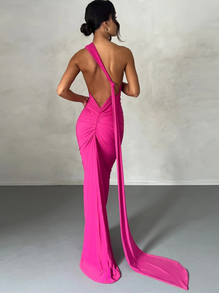 Draped Maxi Dress with Asymmetrical Neckline -  - DINIBLO 