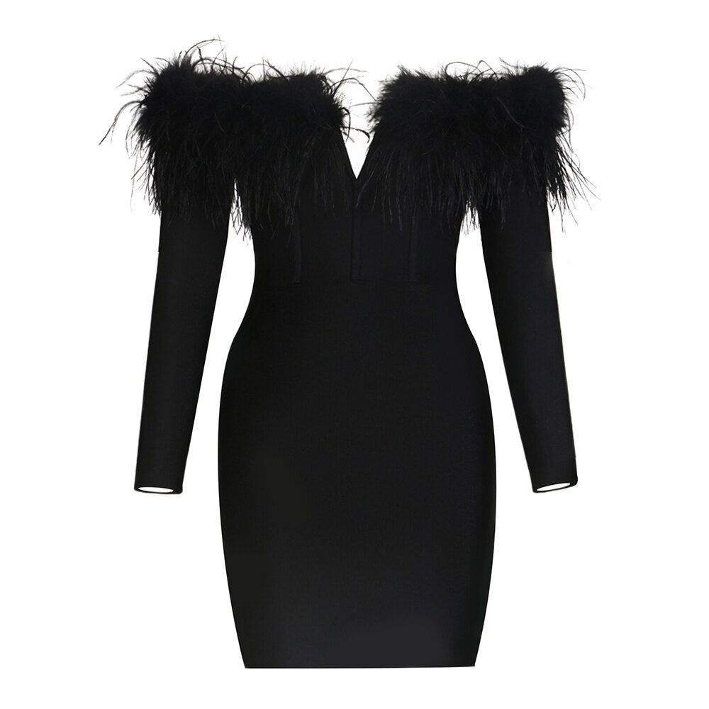 Off Shoulder Feather Mini Dress - Dresses - DINIBLO 