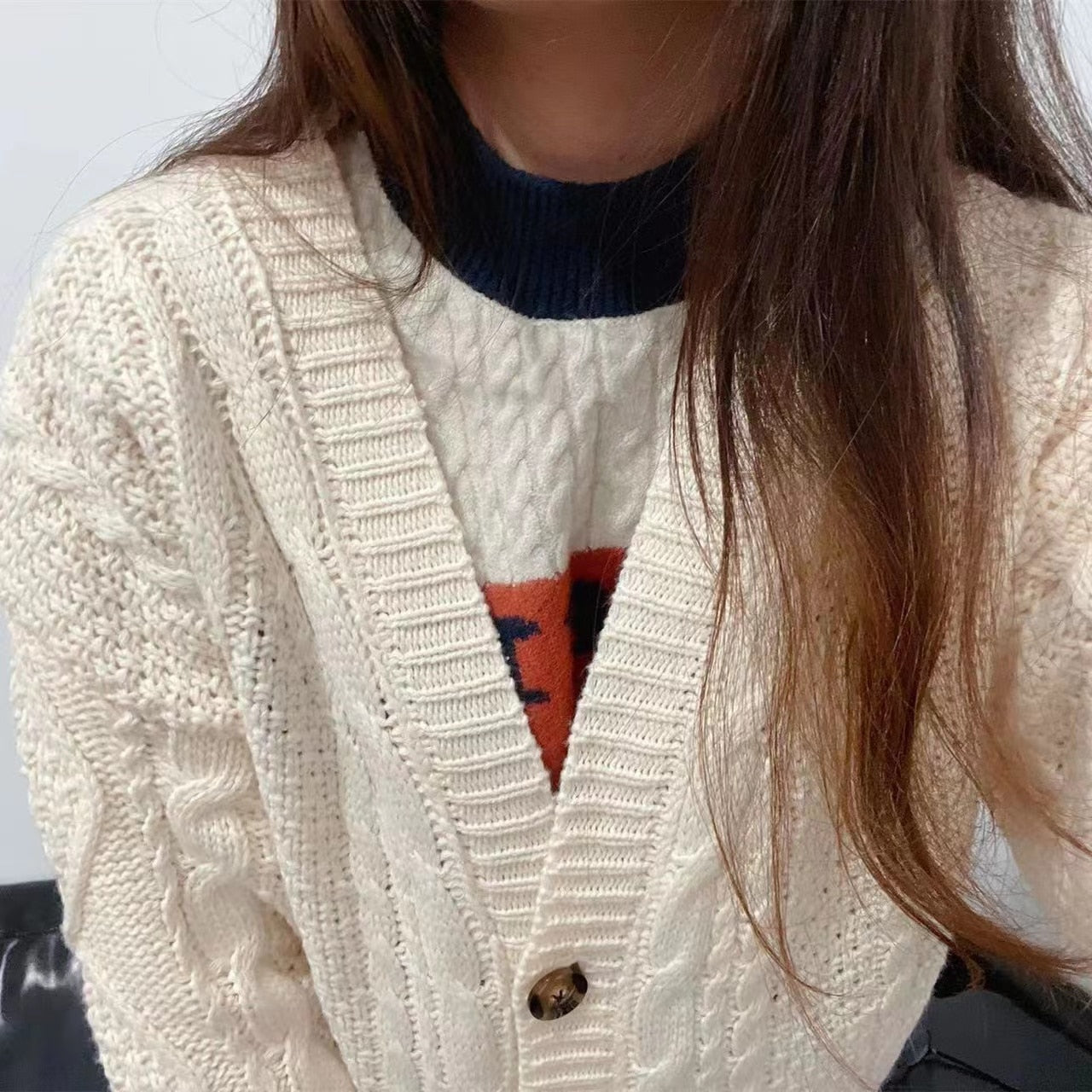 Beige Star Cute College Single Breasted Sweater Women 2022 Autumn Korean Woman Sweaters Contrast Color V-neck Knitted Cardigan -  - DINIBLO 