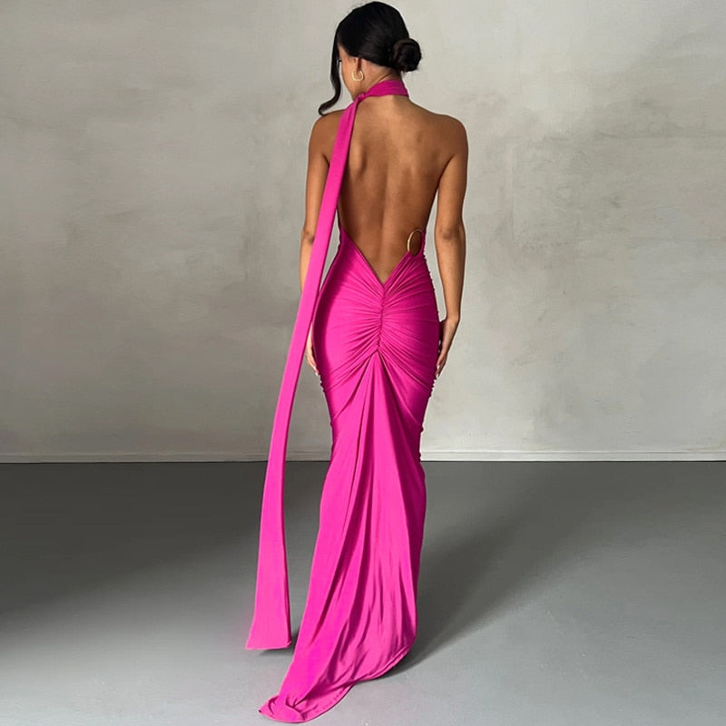 Draped Maxi Dress with Asymmetrical Neckline -  - DINIBLO 