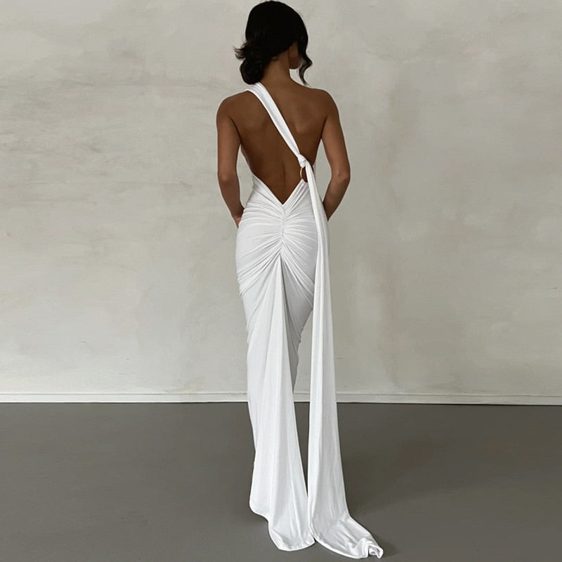 Draped Maxi Dress with Asymmetrical Neckline -  - DINIBLO 