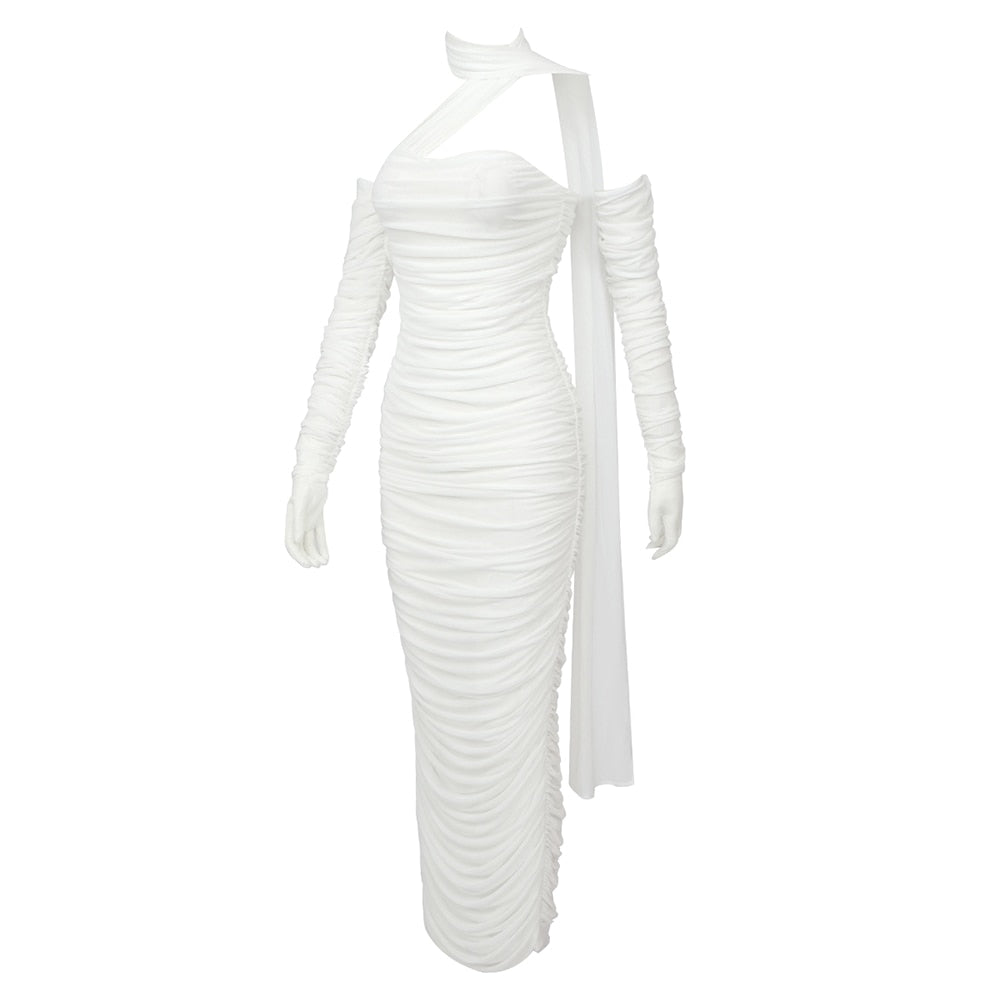 Draped  White Maxi Dress with Gloves -  - DINIBLO 