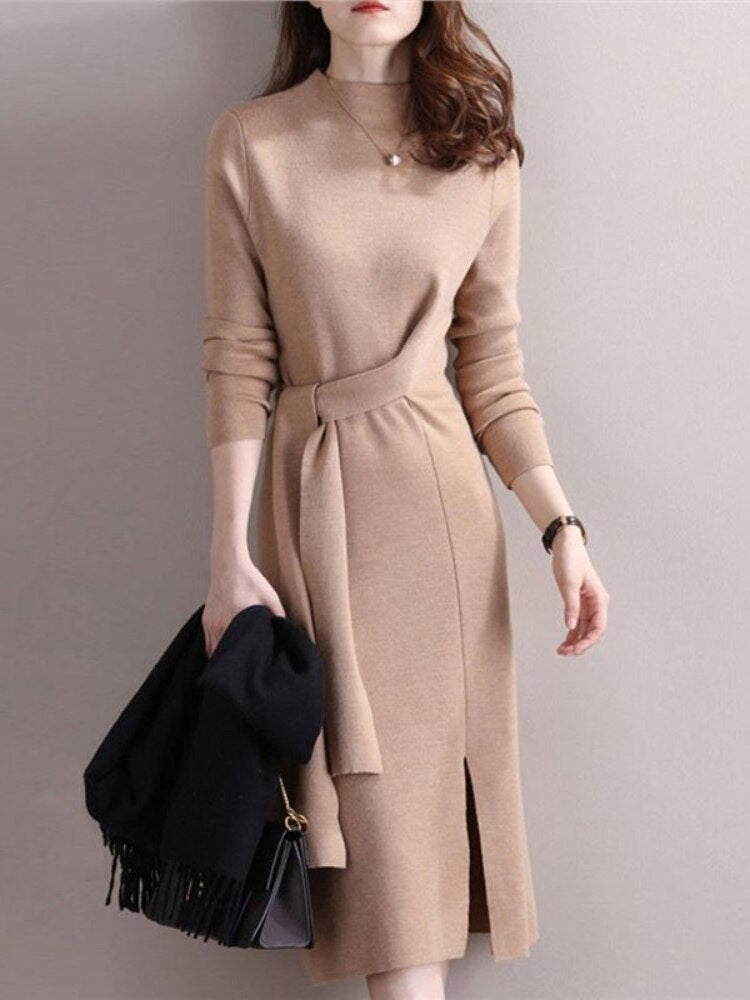 Half-necked Knitted Dress Women's Autumn Winter New Strap Temperament Split Base Sweater Skirt Dress for Women Sweaters Pullover -  - DINIBLO 