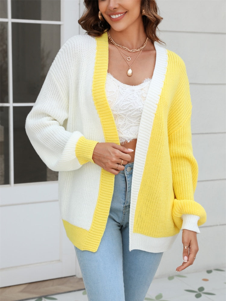 Fashion Women Sweaters 2023 New Color Matching Knitted Cardigan Fashion Loose Long Sleeve Sweater Coat Streetwear Knitwear Tops -  - DINIBLO 