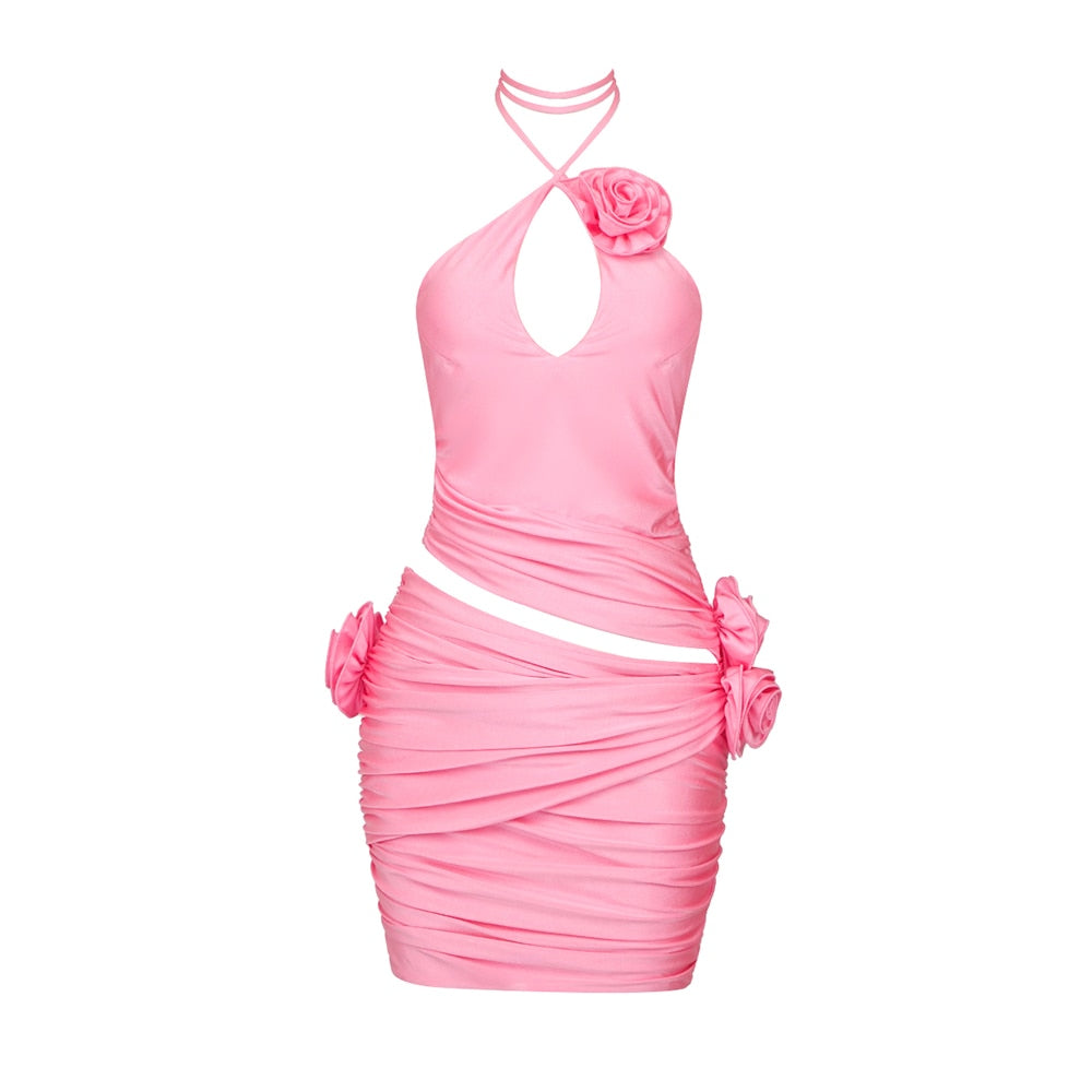 Pink Halter 3D Flowers Mini Dress - Dresses - DINIBLO 