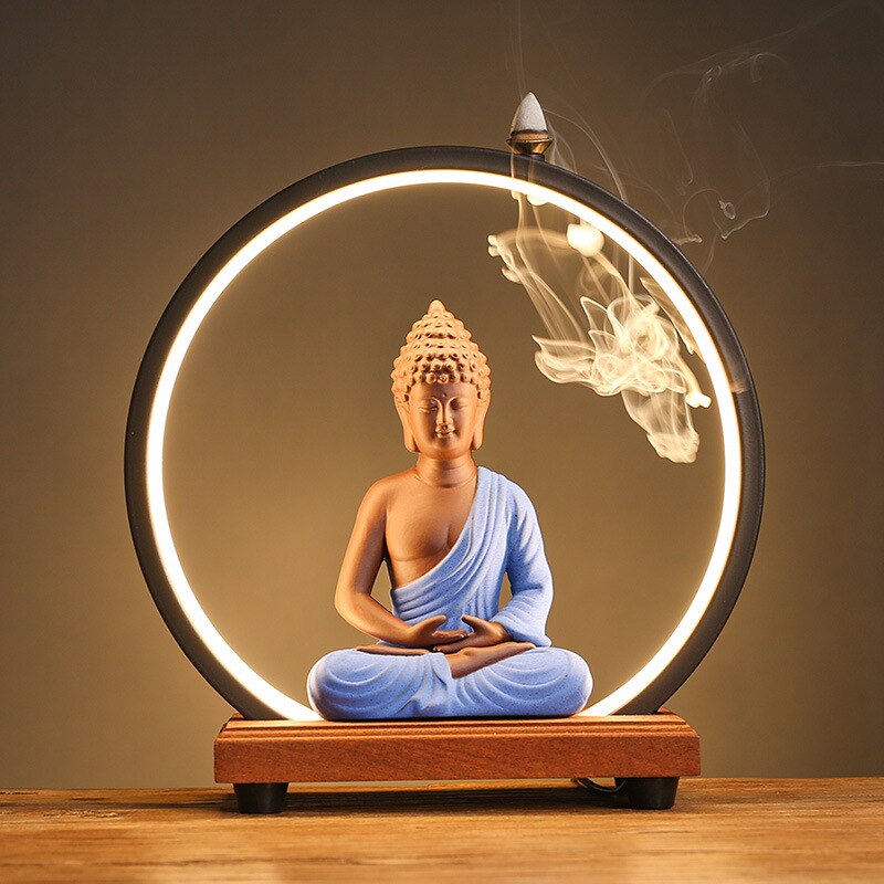 LED Buddha Monk Zen Backflow Incense Burner Ornament For Living Room Yoga Meditation - Incense Holders - DINIBLO 