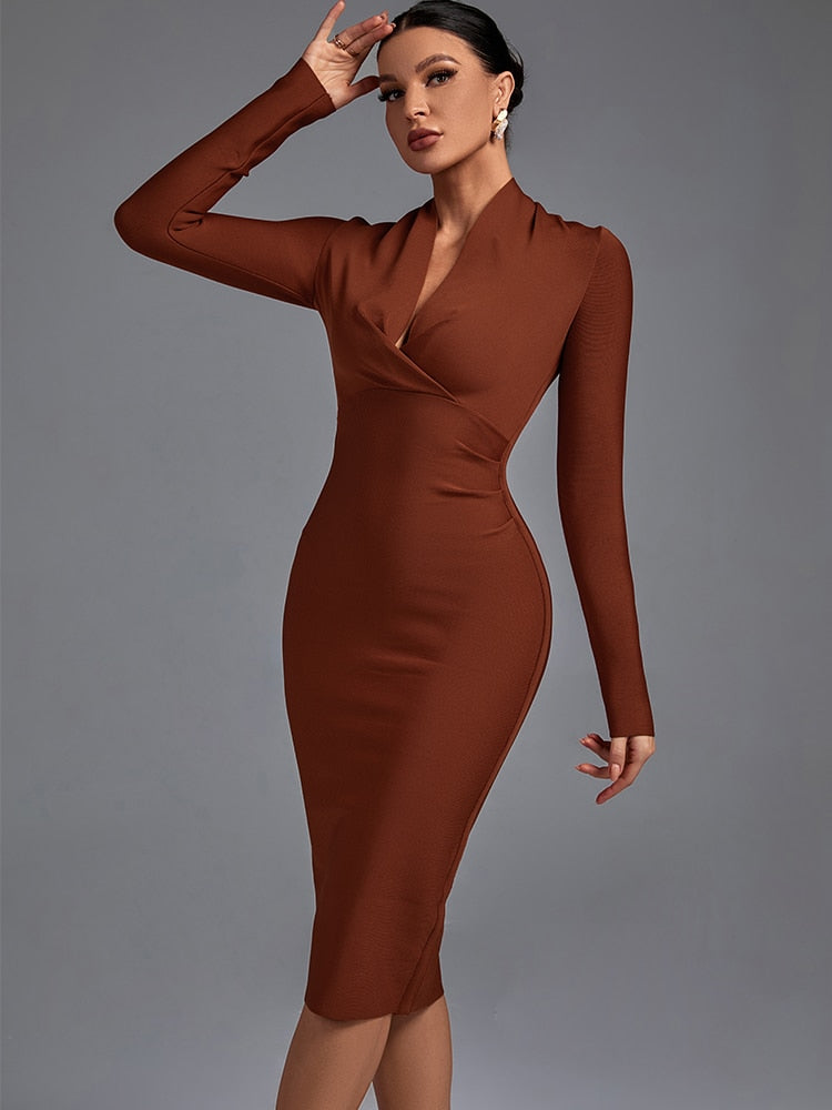 Draped Tan Bandage Dress - Dresses - DINIBLO 