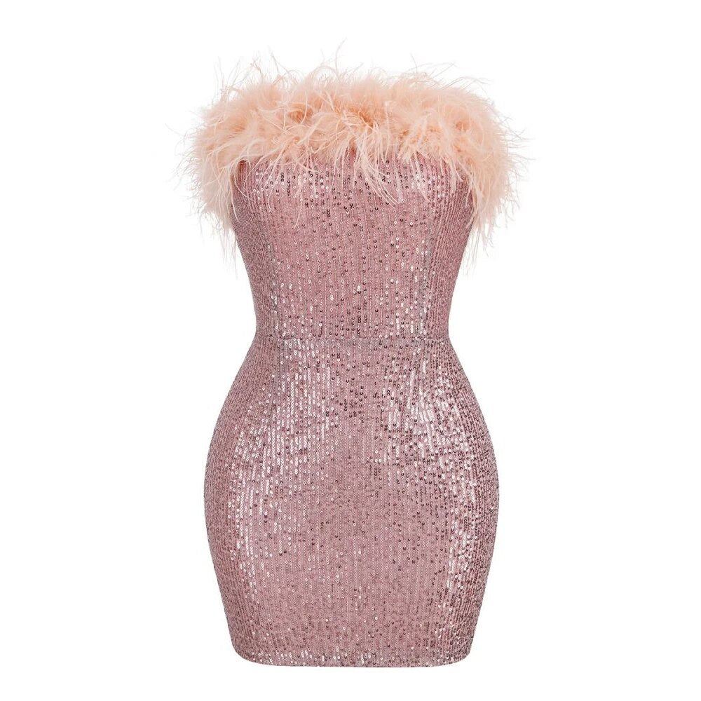 Chic Pink Feather Mini Dress - Dresses - DINIBLO 