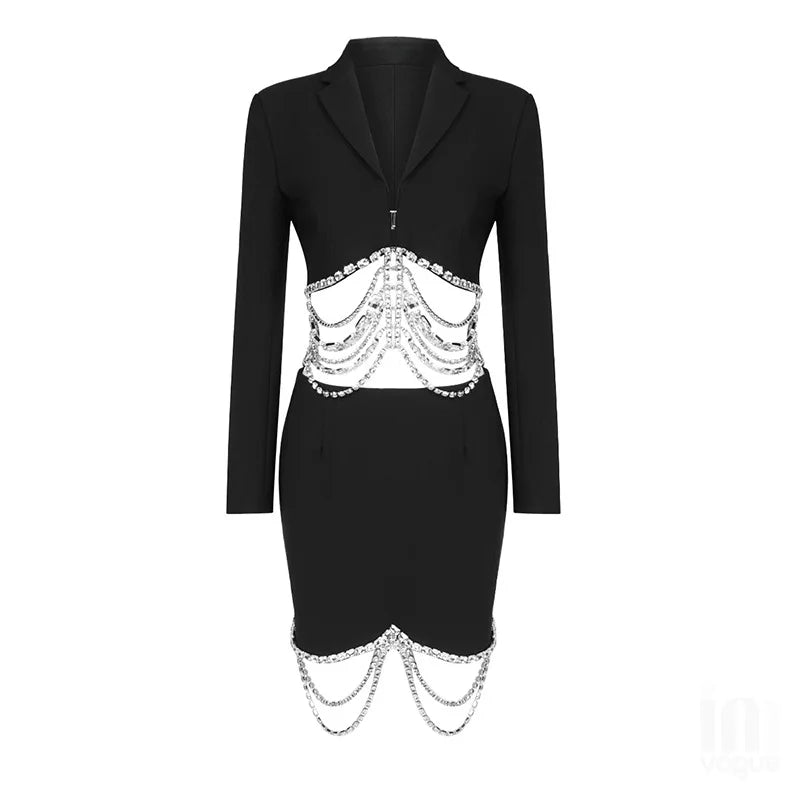 Lapel Collar Diamond-studded Chain Hollow Blazer Dress -  - DINIBLO 