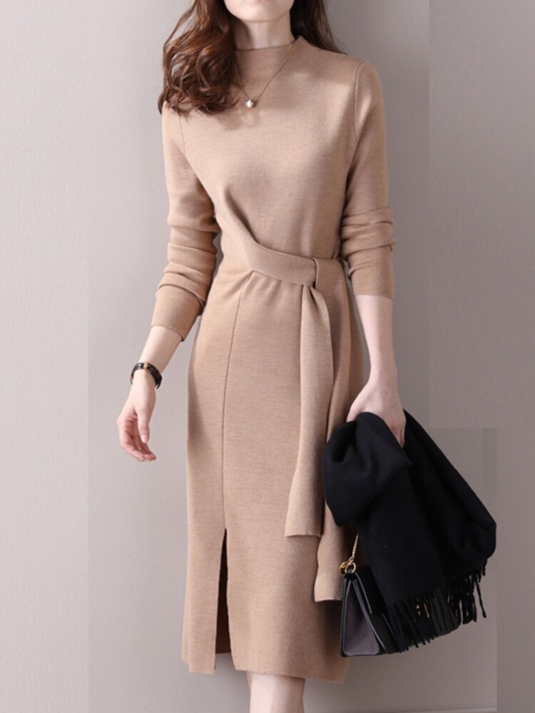 Half-necked Knitted Dress Women's Autumn Winter New Strap Temperament Split Base Sweater Skirt Dress for Women Sweaters Pullover -  - DINIBLO 