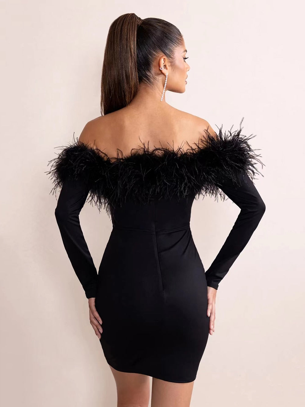 Off Shoulder Feather Mini Dress - Dresses - DINIBLO 