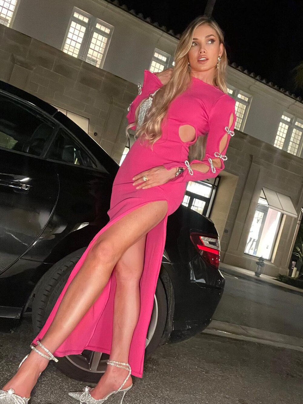 Pink Maxi Dress with Rhinestone Bows -  - DINIBLO 