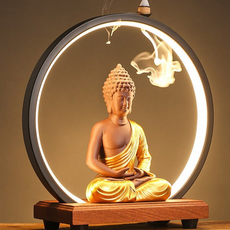 LED Buddha Monk Zen Backflow Incense Burner Ornament For Living Room Yoga Meditation - Incense Holders - DINIBLO 