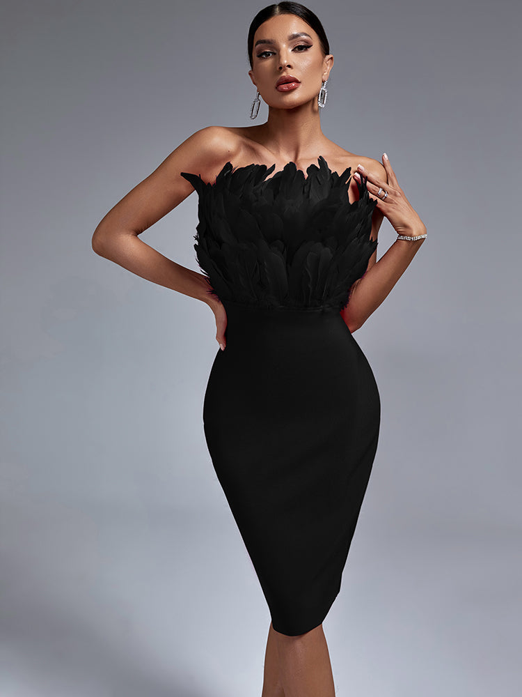 Feathered Chic Midi Party Dress - Dresses - DINIBLO 