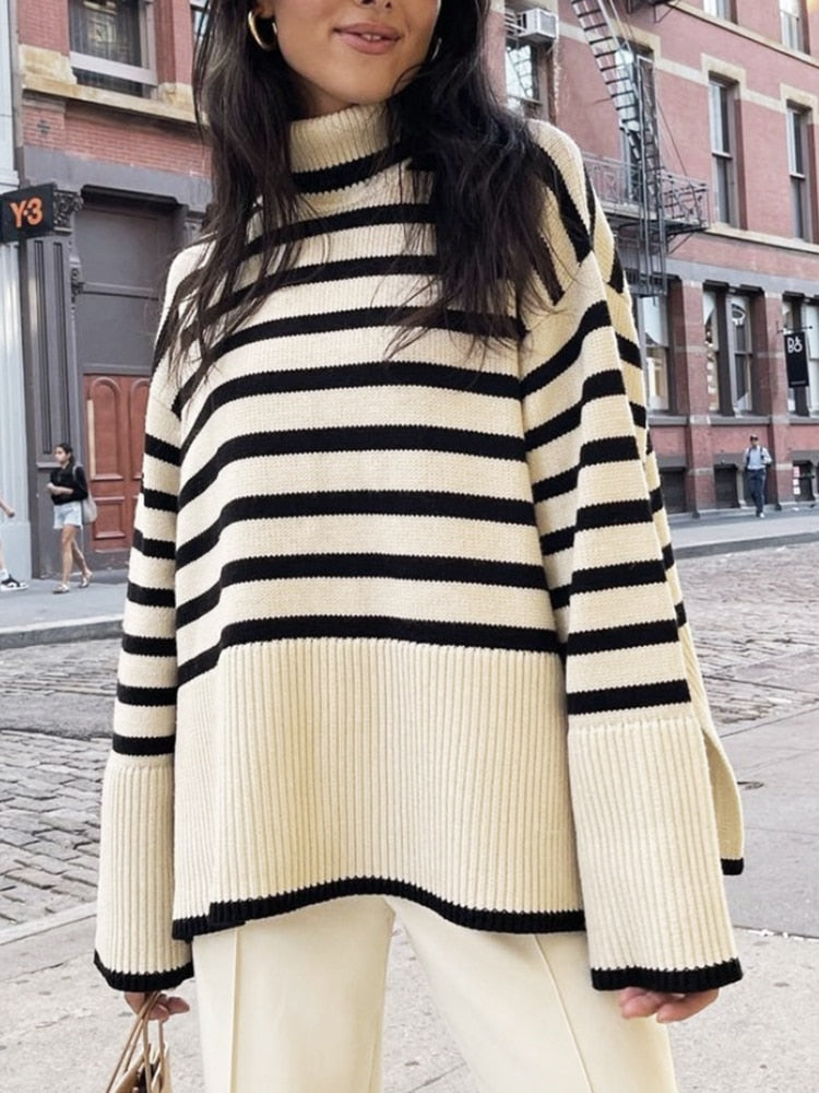 2022 Autumn New Women's High Collar Knitted Sweater Striped Slit Pullover Oversized Sweater Winter Clothes Women Thick Sweaters -  - DINIBLO 