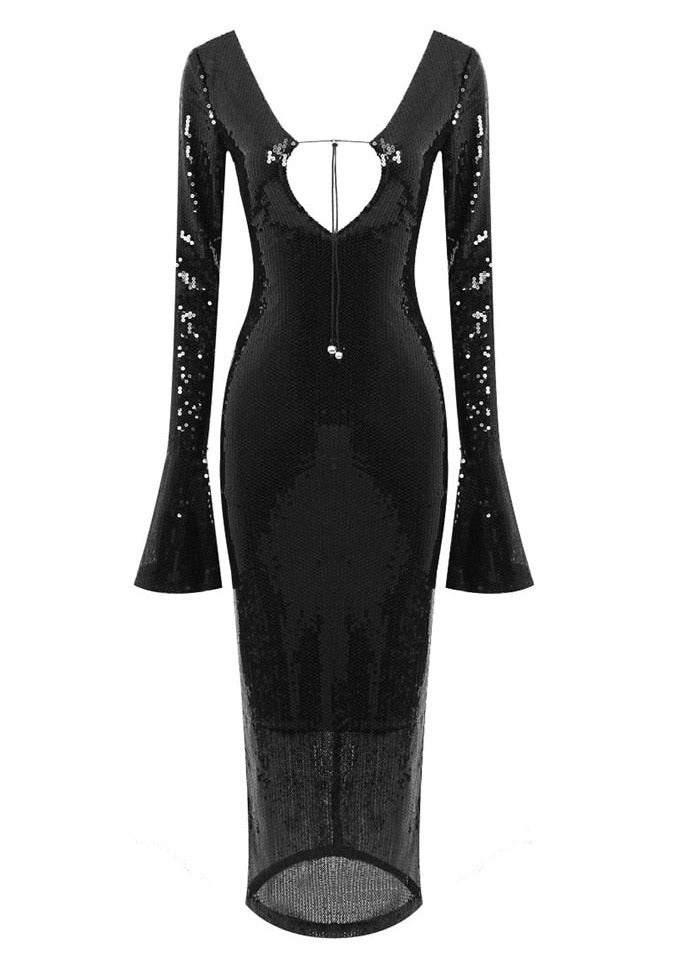 Sequined Black Maxi Dress with Open Back -  - DINIBLO 