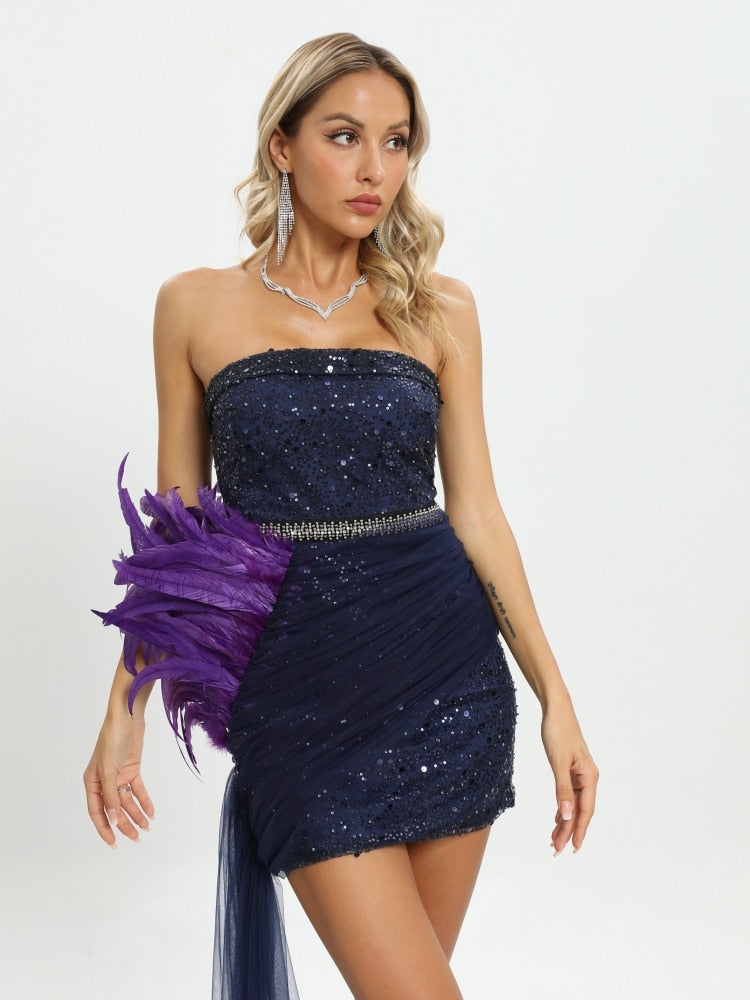 Navy Blue Sequin Feather Cocktail Dress - Dresses - DINIBLO 